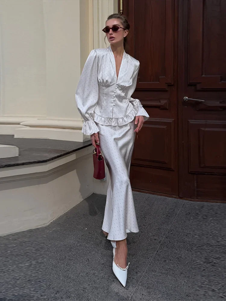 2026 Summer Autumn Urban Print Top Skirt Women Set Pleated V-neck Flare Long Sleeve Blouse Trumpet Skirts Holidays Lady Suit New