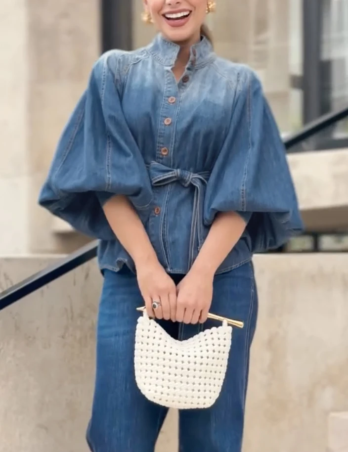 Chemisier à taille nouée pour femmes, ample, dégradé boutonné, manches bouffantes, col montant, dessus de chemise, vêtements, nouvelle collection printemps été 2026