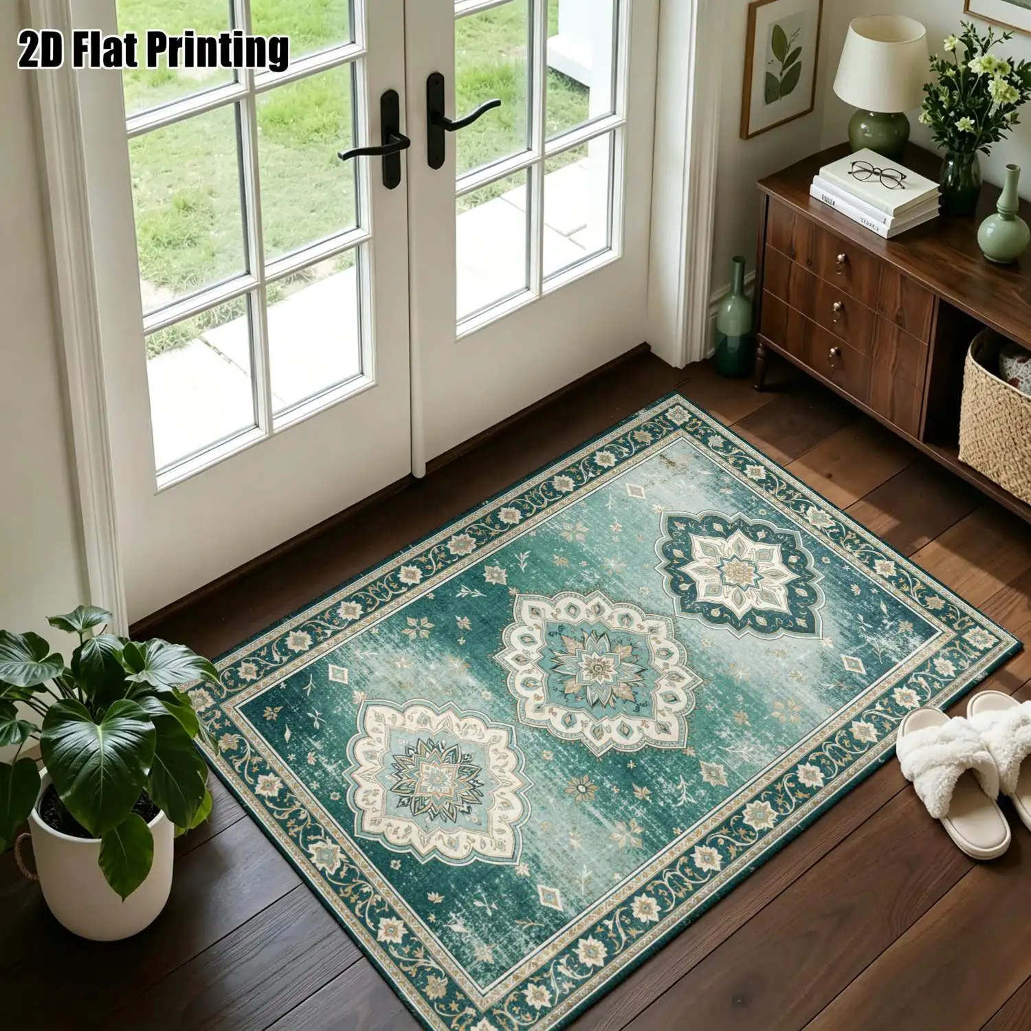 1Pc 2D Printed Dark Green Retro Ethnic Pattern Carpet: European/Bohemian Style, Home Decor, Multi-Size, Machine Washable, for Entrance, Dining, Foyer, Bedroom, Study, Living Room