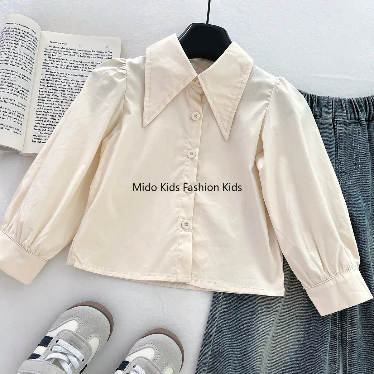 جديد الفتيات الدنيم صدرية قميص بنطلون ثلاث قطع مجموعة الدانتيل طوق بأكمام طويلة بيبلوم واسعة أرجل بنطلون