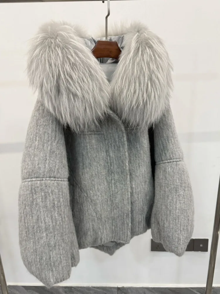 ZMEENNA المرأة مزيج الصوف معطف قصير المتضخم الفراء طوق المحاصيل سترة كاملة الأكمام الدافئة الفاخرة موضة ملابس خارجية ZM4590