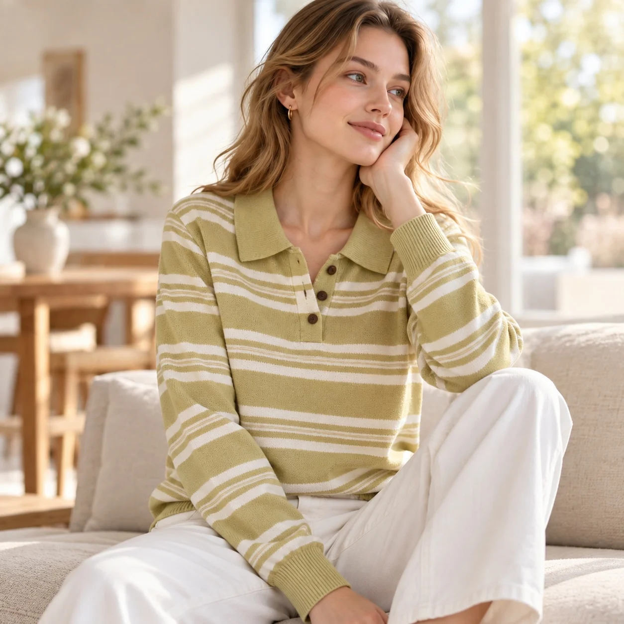 Casual Striped Top with Polo Collar Long Sleeve Regular Fit Single Breasted Button Front Hoodless Medium Weight Women T Shirt