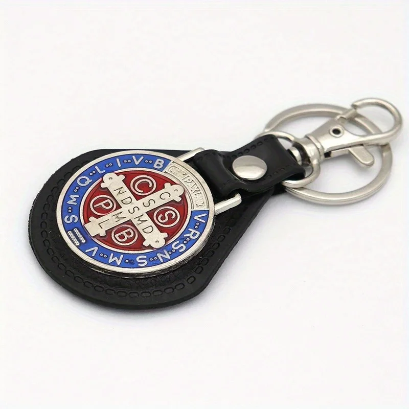 2pcs PU Leather St Benedict Pendant Key Chain Keyring Religious Jesus St. Benedict Keychain Women Men Catholic Baptism Jewelry