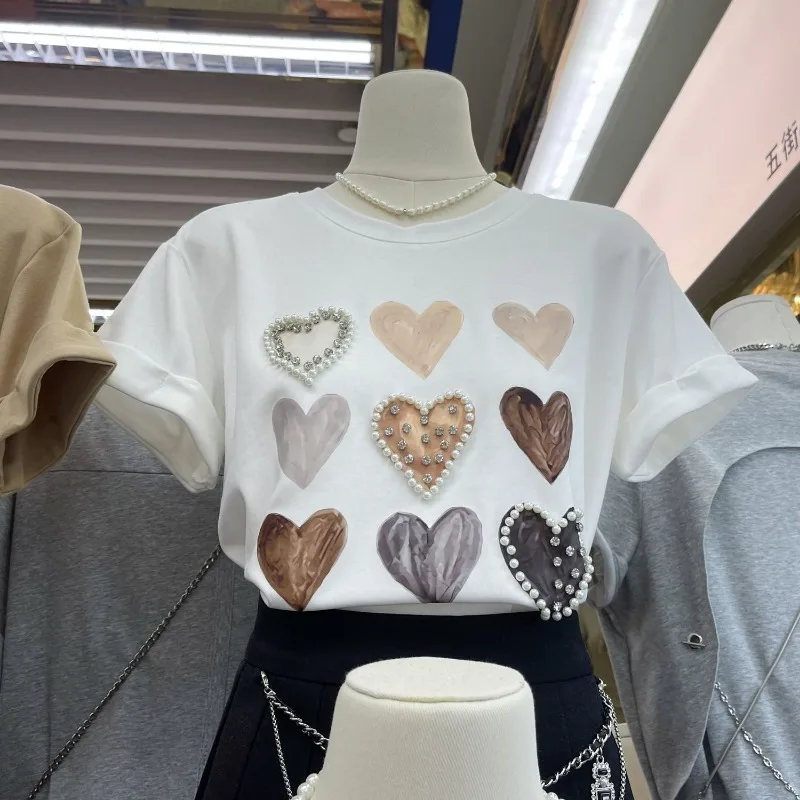 Neploe Fashion All-match Heart Beading O-neck T-shirts Y2k Short Sleeve Loose Tee Shirt 2024 Summer New White Tops Women