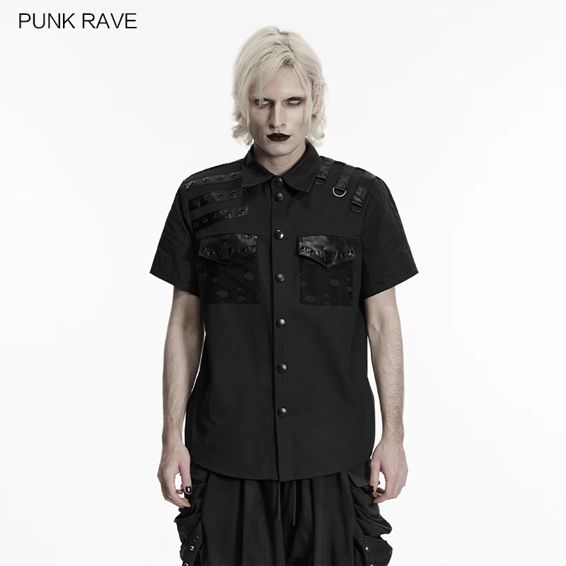 

PUNK RAVE Men's Punk Grid Texture Faux Leather Distressed Shirt Metal Eyelets D-shaped Shoulder Loops Personalized Dark Tops