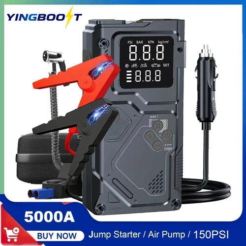 Arrancador de batería de coche YINGBOOST con bomba de aire, potenciador de 5000A y inflador de neumáticos de 150PSI con cable de alimentación CC, banco de energía, luz LED de 400LM