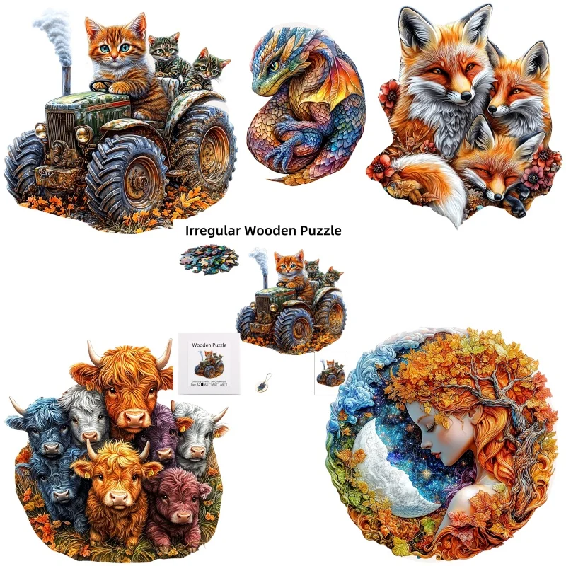 Unique Cat Fox Cow Pattern Wwooden Puzzle With Irregular Animal Shapes Halloween Christmas Birthday Gift