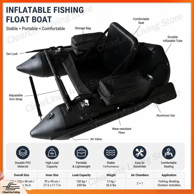 Inflatable Belly Boat Pontoon Fishing Boat Small Portable Float Tube Kayak for Lake River Sea Angling Gear Tackle Accessories