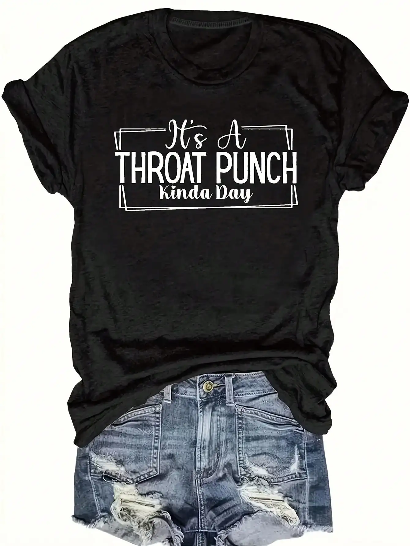 

Женская повседневная футболка с коротким рукавом и графическим принтом «His THROAT PUNCH Kinda Day», черно-белый геометрический узор, круглый вырез