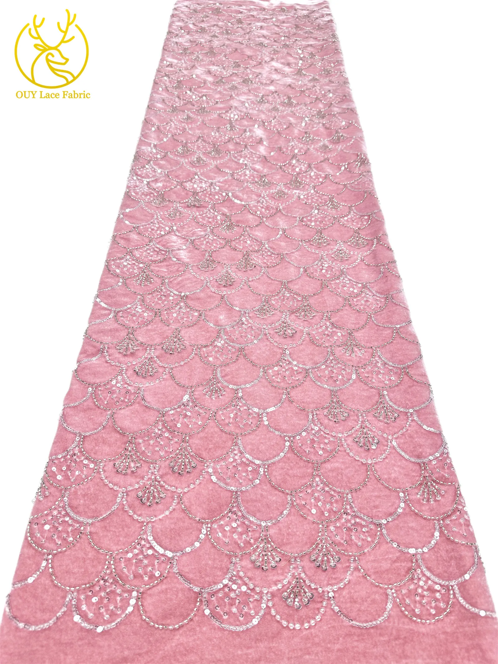 Weinroter nigerianischer Samtstoff mit Stickerei und Perlen, hochwertiger afrikanischer Spitzenstoff, französische Pailletten-Spitze für Damen-Hochzeitskleider – Detail 16