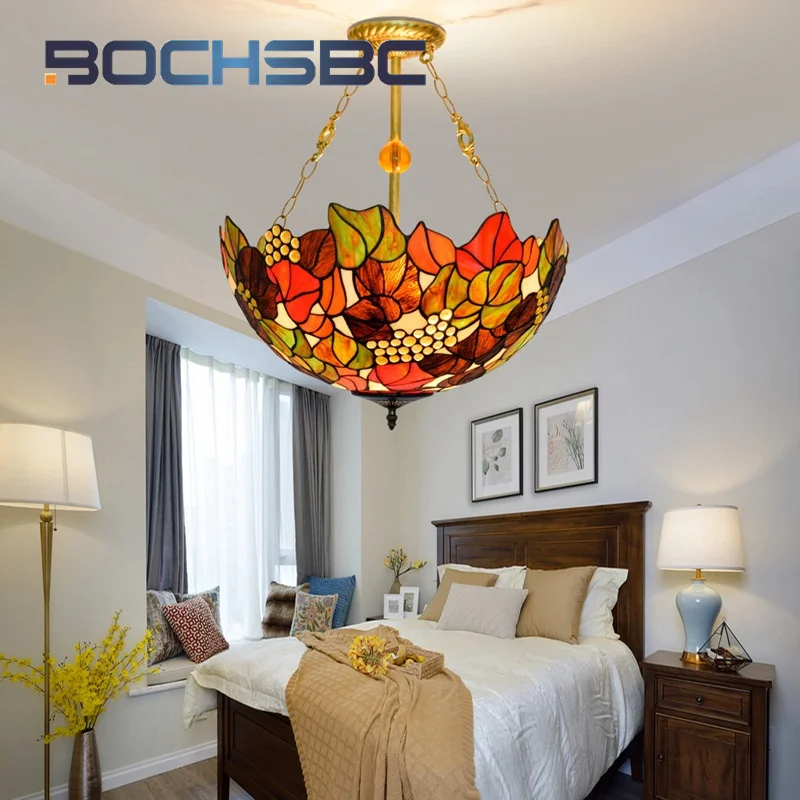 BOCHSBC Tiffany Country Vintage style grape chandelier Art Deco glass Living Room Dining Room Bedroom reverse pendant light