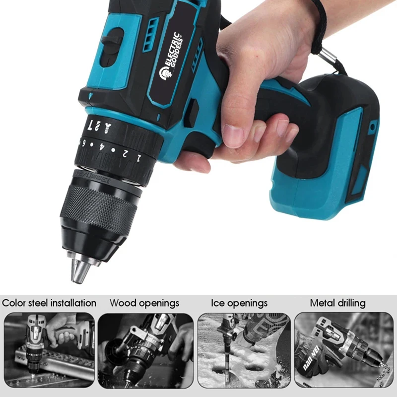 Electric Goddess 3 IN 1 Electric Impact Drill 520N.M Torque 10mm Chuck Flat Drill Hammer Electric Screwdriver for Makita 18V