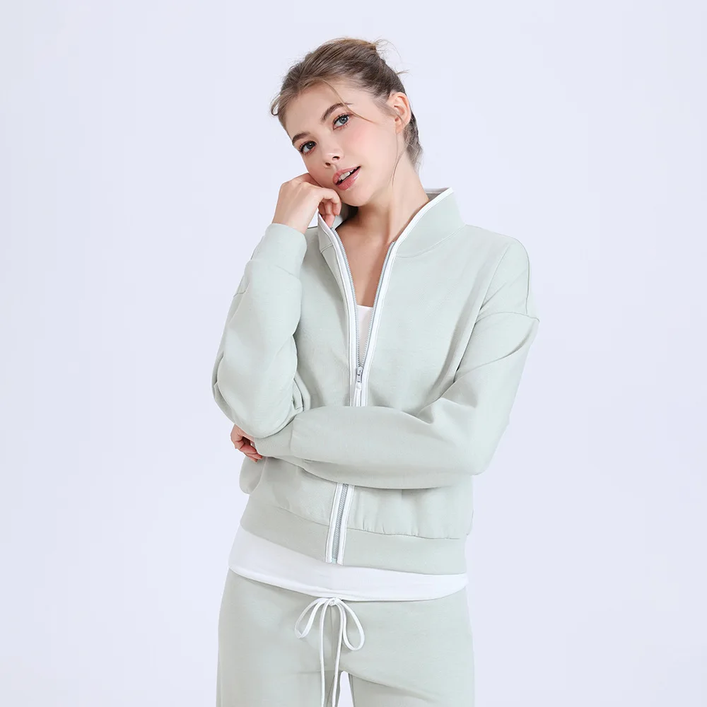 

Women Color Block Stand Collar Loose Fit Sports Jacket Zipper Running Hoodie Casual Fitness Top with Hood