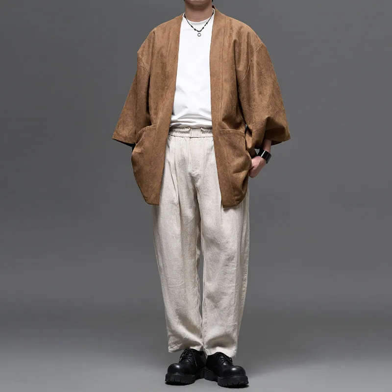 High Quality Linen Japanese-Style Retro Old Money Style Wide Leg Pencil Pants Loose Casual Men's Idle Style Casual Trousers