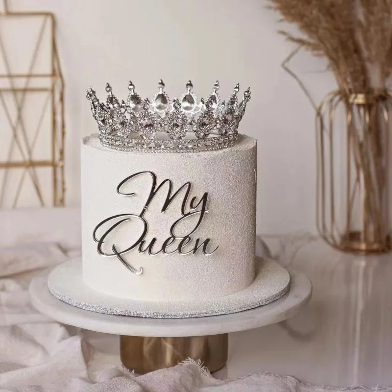 Acrylic Happy Birthday Queen Princess Cake Toppers Crystal Crown Cake Topper for Gril Birthday Party Cake Decorations