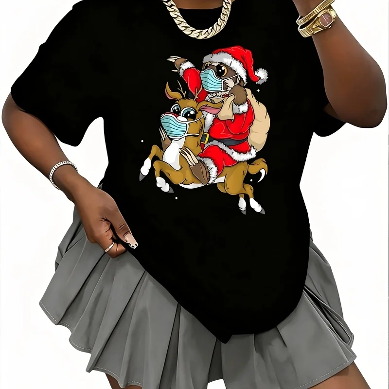 Santa Sloth in Rudolph the Reindeer Mask Women's 100% Cotton T-Shirt Short Sleeve Top Casual Round Neck Fun Print Tee S-5Xl