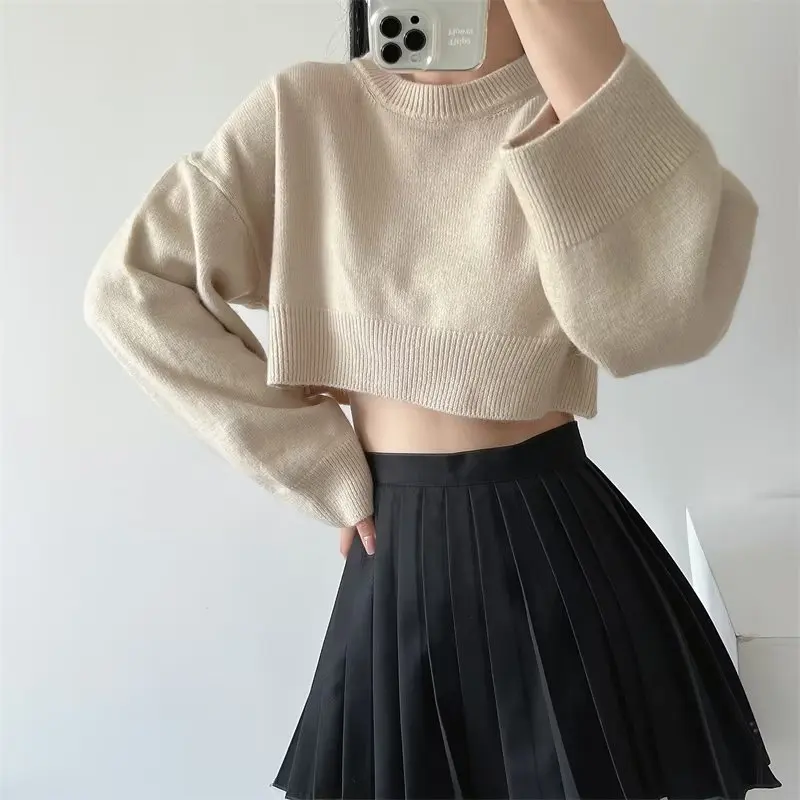 High-waisted Short Sweater for Women Korean Style Autumn Winter Solid Color Knitwear Loose Long-sleeved Tops Warm Clothing