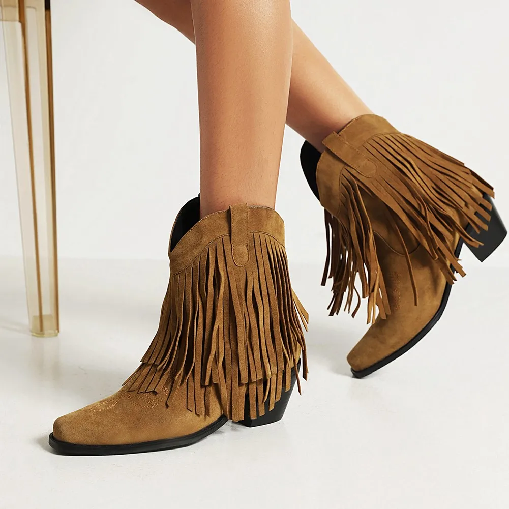 

AOSPHIRAYLIAN 2023 Women 's Flock Tassel Fringes Western Cowboy Ankle Boots Slip On Frosted Square Heels Cowgirl Women's Shoes