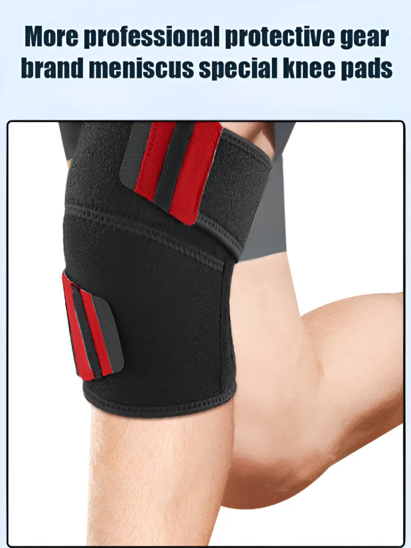Sportliche Patellar-Kniebandage. Schwarze und rote warme Kniebandage. Kompressions-Sportbandage. Weiche und stoßdämpfende selbstklebende Klammer