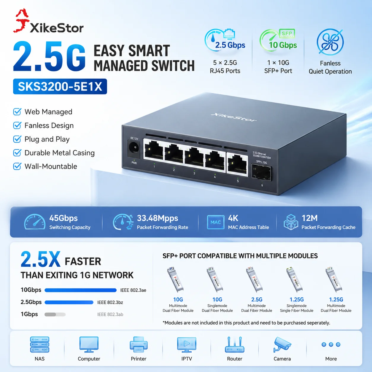 xikestor-sks3200-5e1x-smart-managed-switch-ethernet-5-25g-rj45-1-10g-sfp-plug-and-play-simplicity-networking