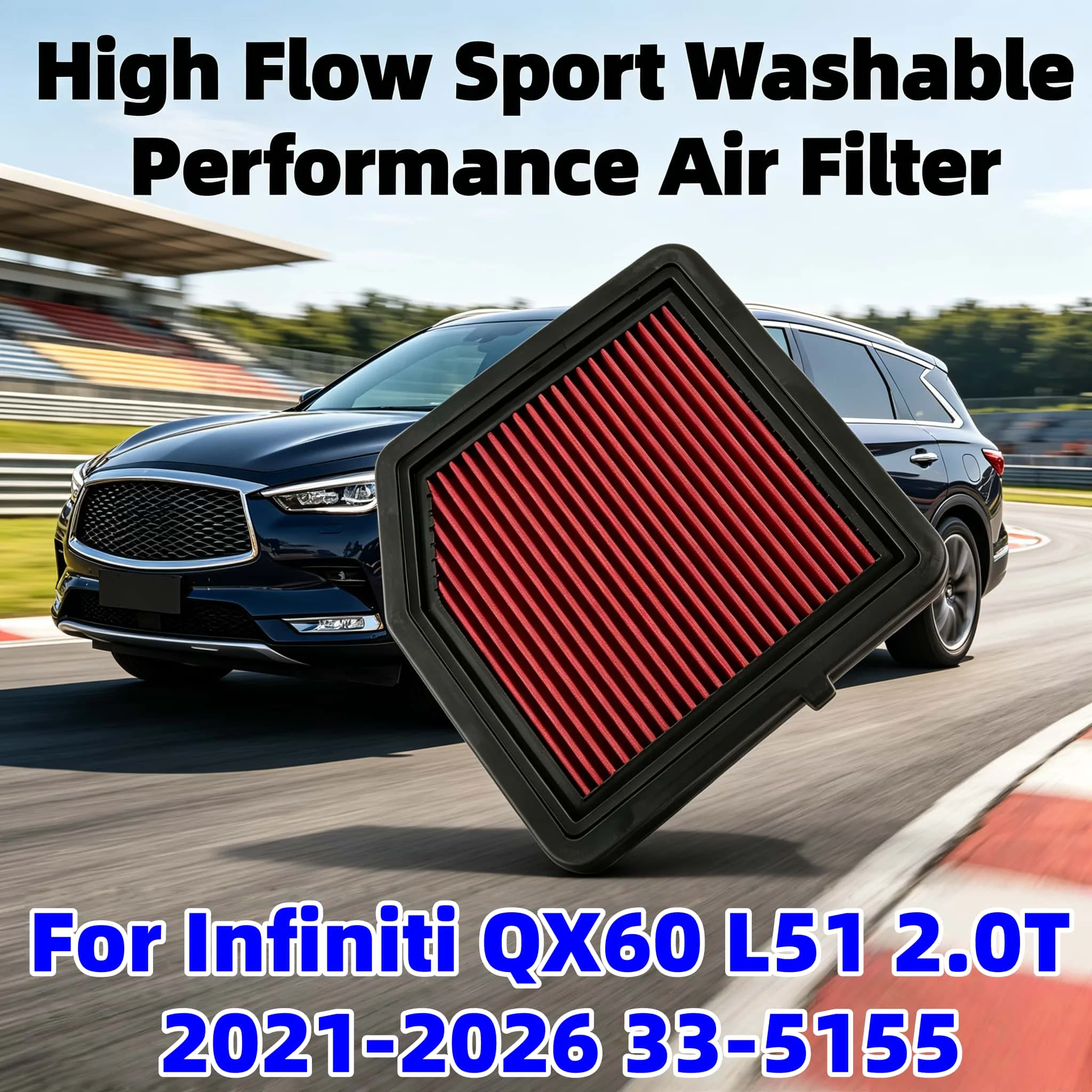 Filtre à air sport haute performance lavable pour Infiniti QX60 L51 2.0T 2021-2026 33-5155 165466SY0A 165466SX0A C25132 LX6149