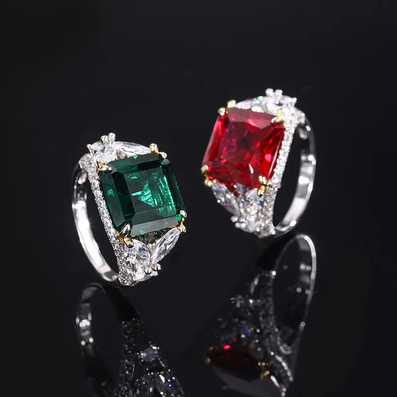 

Jewelry S925 Silver Jewelry European and American Classic Red Gemstone Emerald Elegant Women's Ring Main Stone 12*12