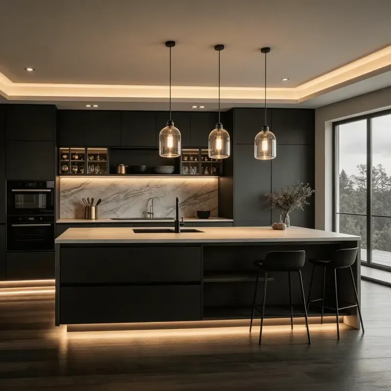 OPPOLIA Factory Customized Designs High Glossy Modern Glossy Black Home Furniture Island Kitchen Cabinet Set for Villa