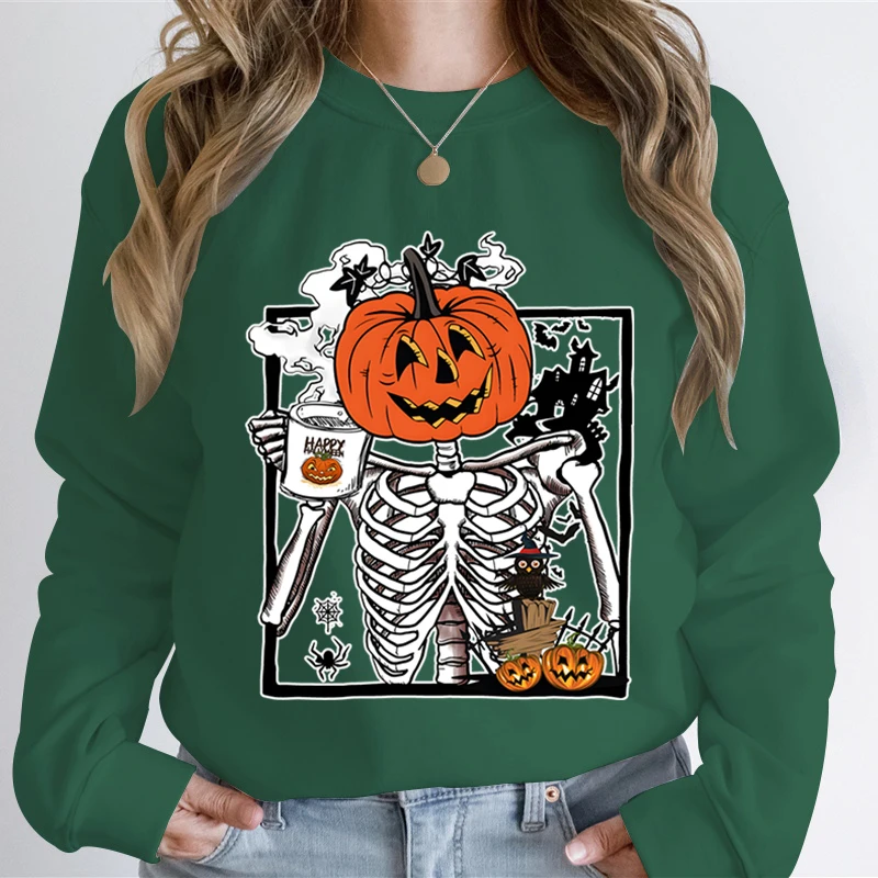 Pumpkin Skeleton Drinking Coffee Women Sweatshirts Skeleton Coffee Lover Halloween Sweatshirt Women Skull Pumpkin Sweatshirts