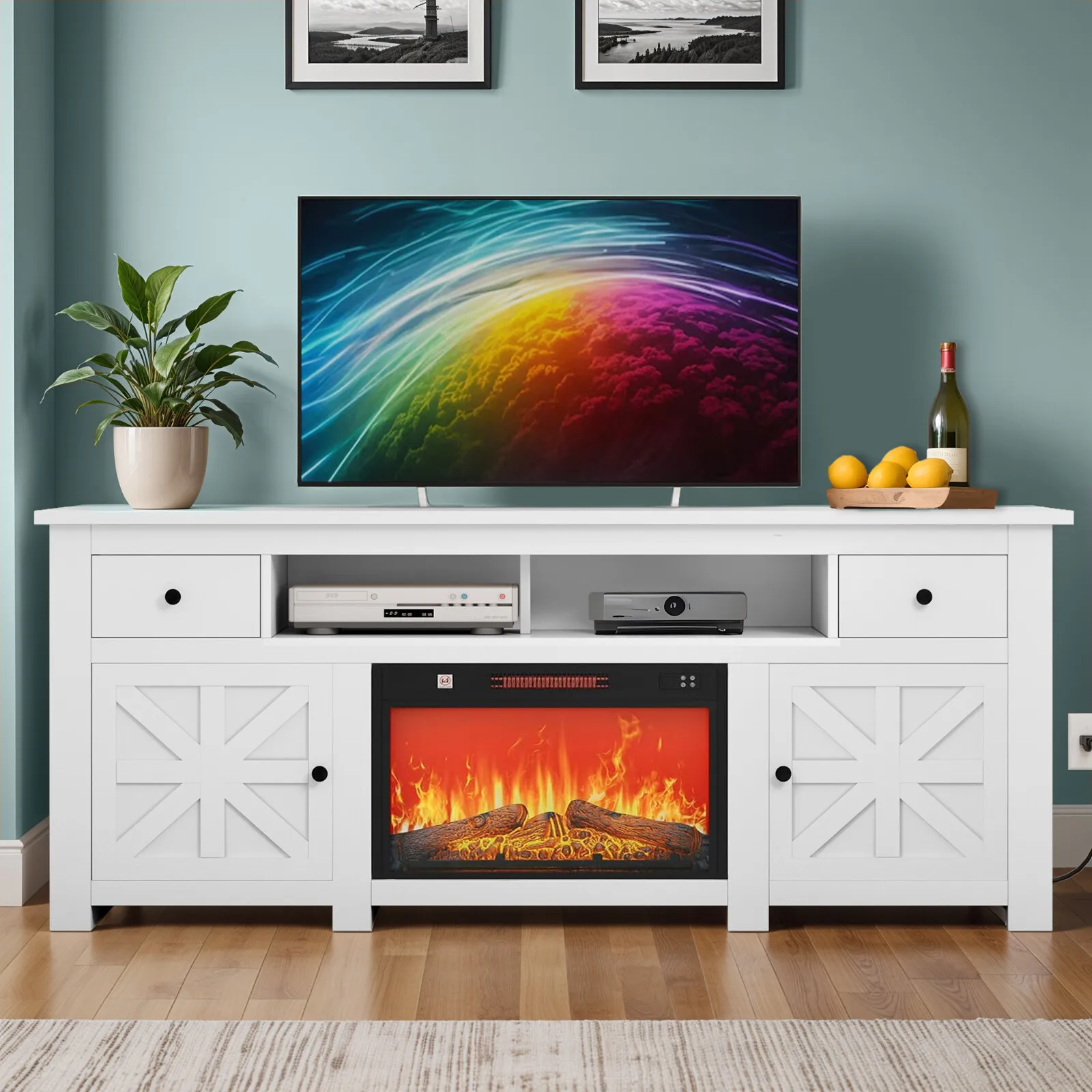 

TV Stand With Open Shelves Power Outlets for 50 to 80 Inch TVs Console Cabinet