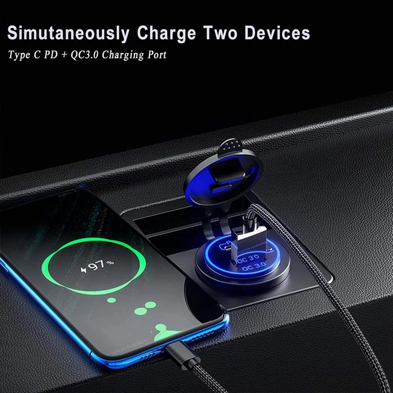 20X PD Type C USB Car Charger And QC 3.0 Quick Charger 12V Power Outlet Socket With ON/Off Switch,Blue