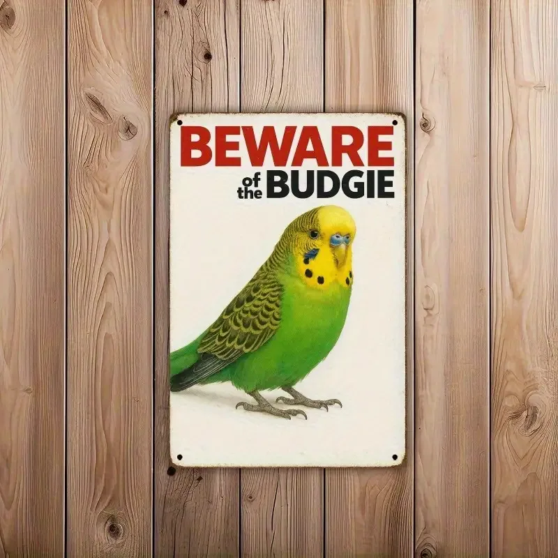 2D Flat, 1pc Vintage Budgie Bird Warning Sign Wall Decor - Green/Yellow & Red Letters, Rustic Vintage Iron Metal Caution Plaque