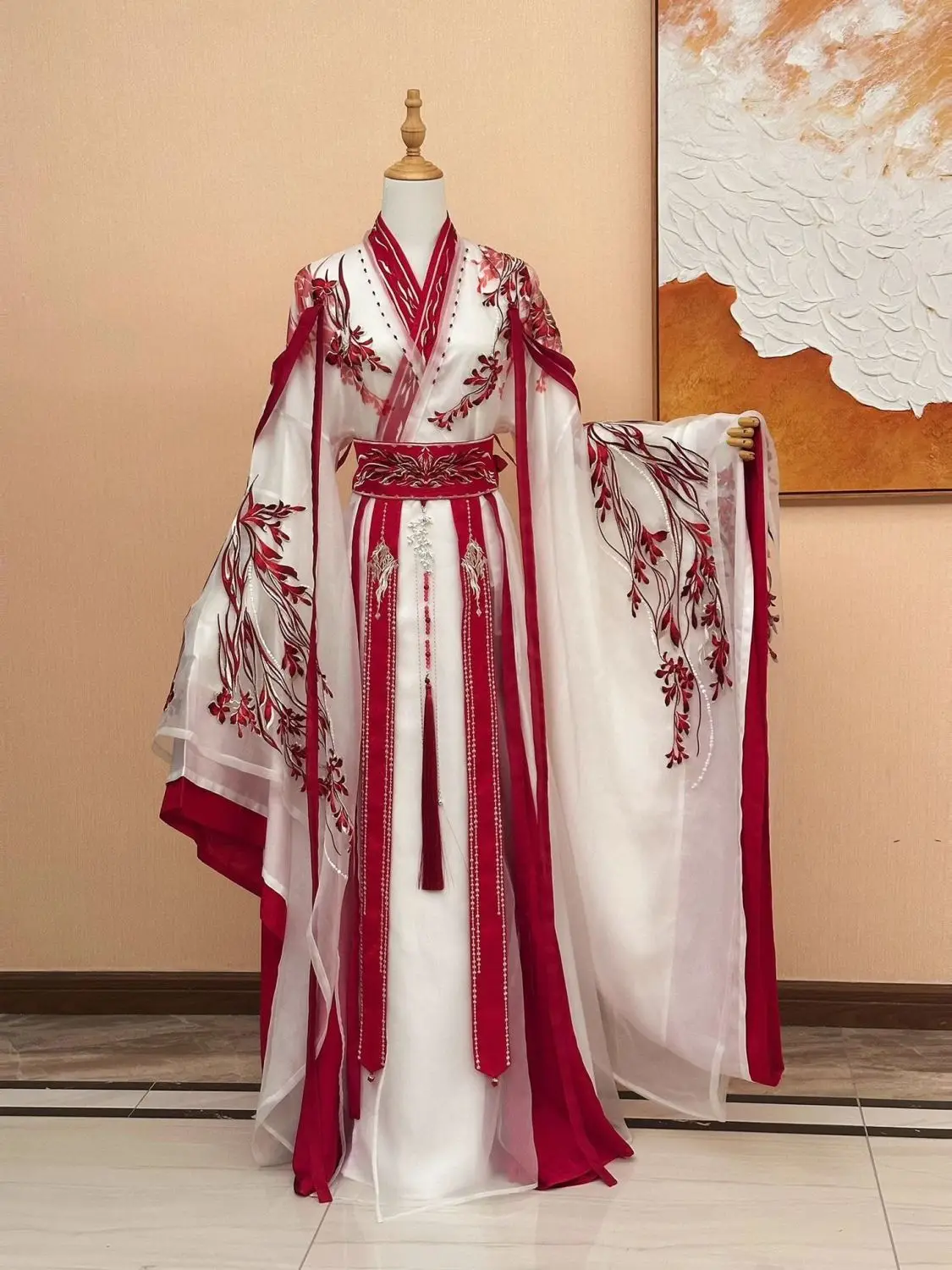 Hanfu For Women, Wei And Jin Dynasty Style, With Intricate Embroidery And Beading, Cross-collar, Large Sleeves, Red And