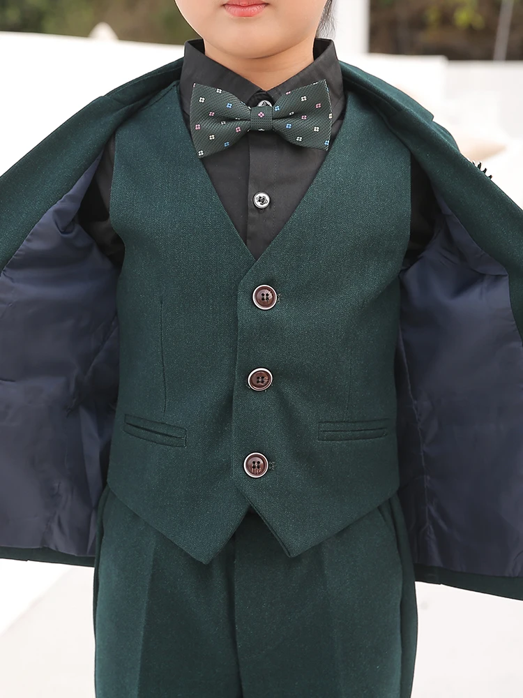 Children Dark Green Photograph Suit Flower Boys Formal Wedding Dress Kids Tuxedo Party Wear Teenager Graduation Birthday Costume