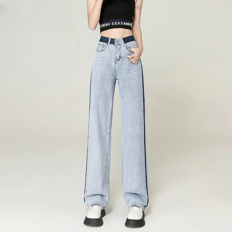 Trousers High Waist Shot Female Denim Pants Blue Women's Jeans Straight Leg with Pockets 2024 Korean Style Good Quality Clothing