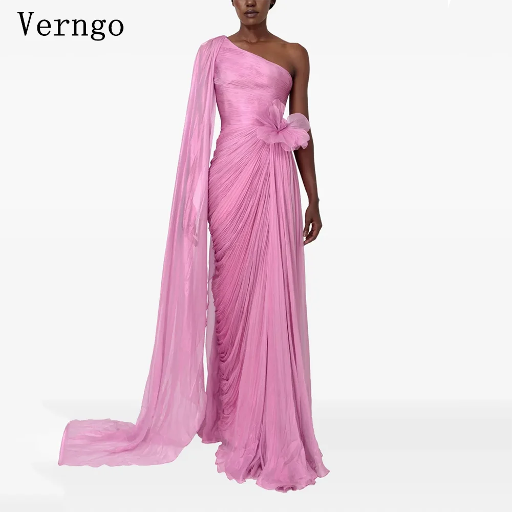 

Verngo Pink Shiny Chiffon Prom Gowns One Shoulder A Line Formal Occasion Dresses Women Modern Prom Party Dress Customized