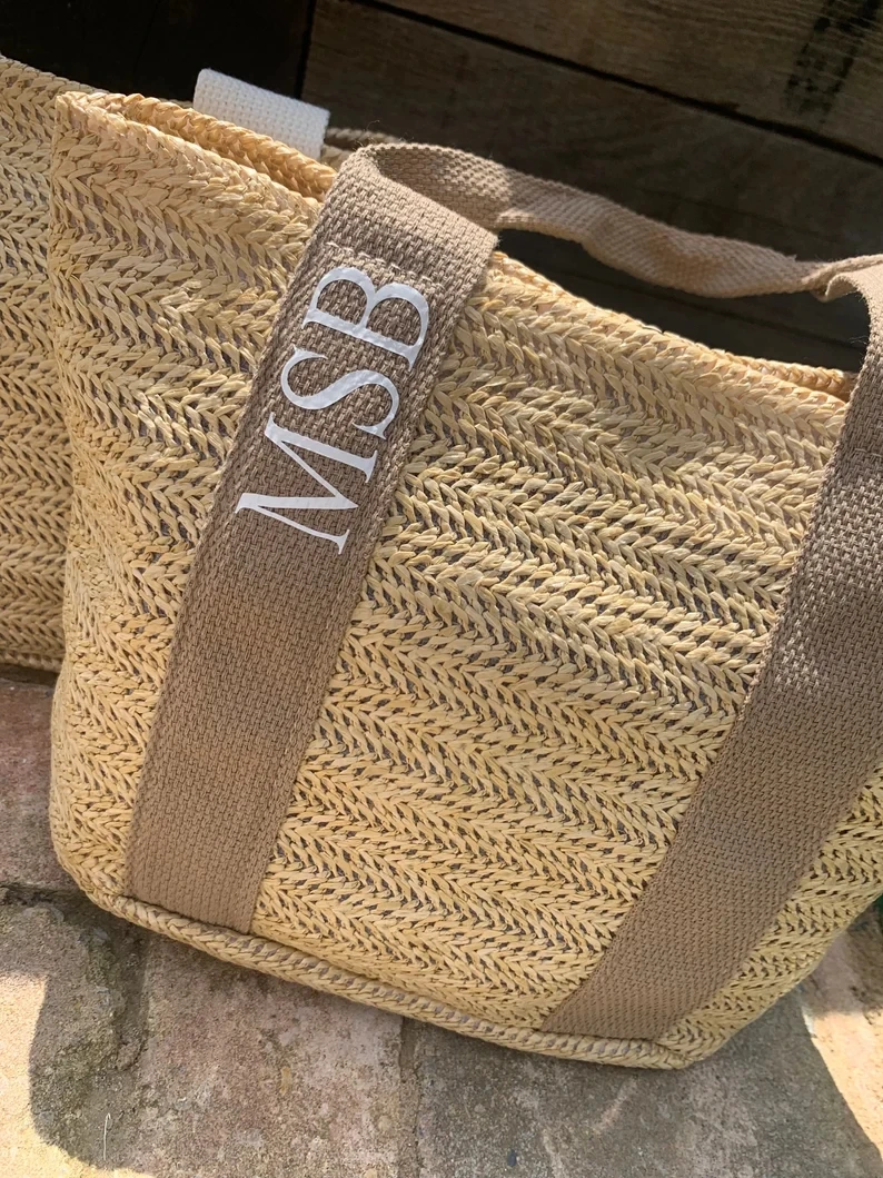 Personalised Womens Straw Tote Bag Summer Beach Customised Handbag Custom Name Bridesmaid Gifts Straw Shopping Bags Wedding Gift