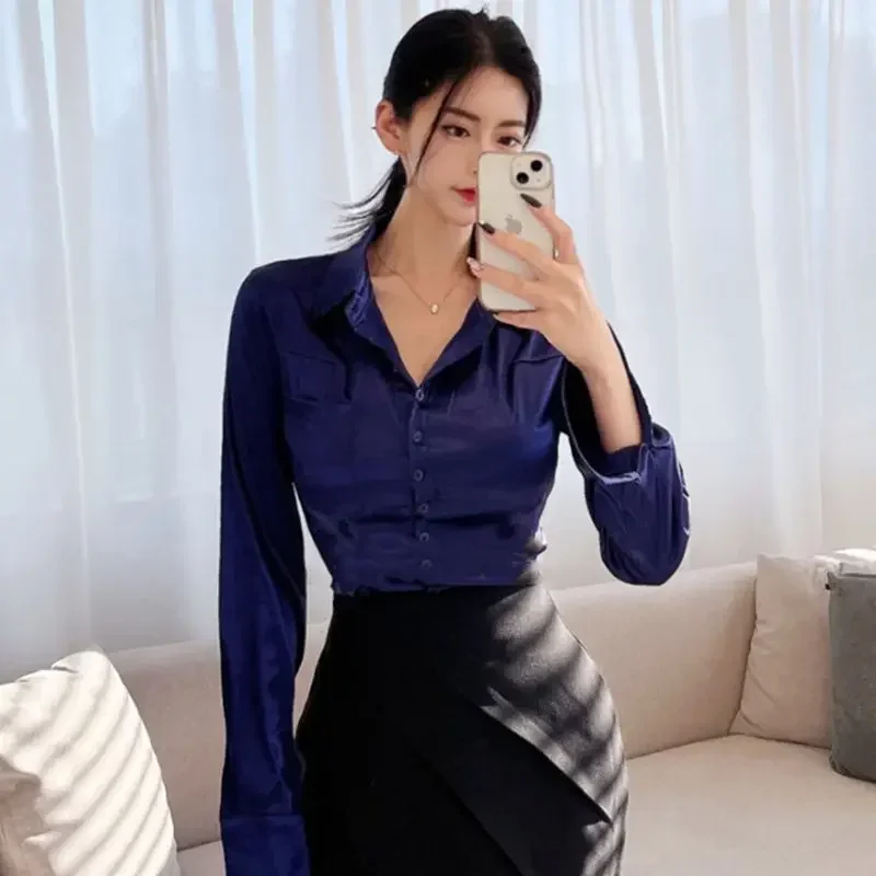 Wholesale Women Sexy Solid Slim Satin Shirt Turn-down Collar Long Sleeve Polo Blouse Spring Autumn Slim Shirts Female Blouses