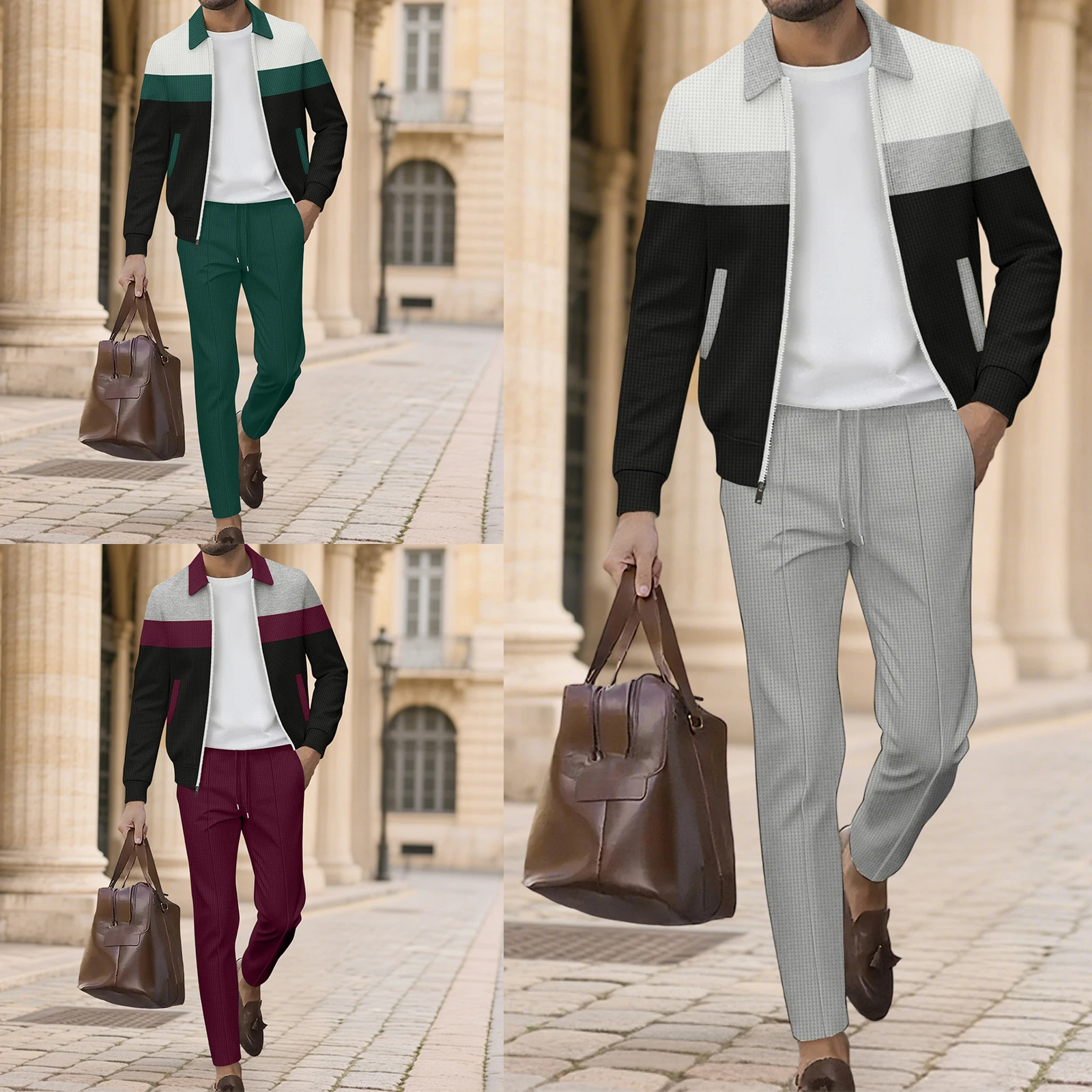 Men's Leisure Suits Stylish Contrast Color Zip Up Collared Long Sleeve Jacket and Pants 2 Pcs Set for Fall