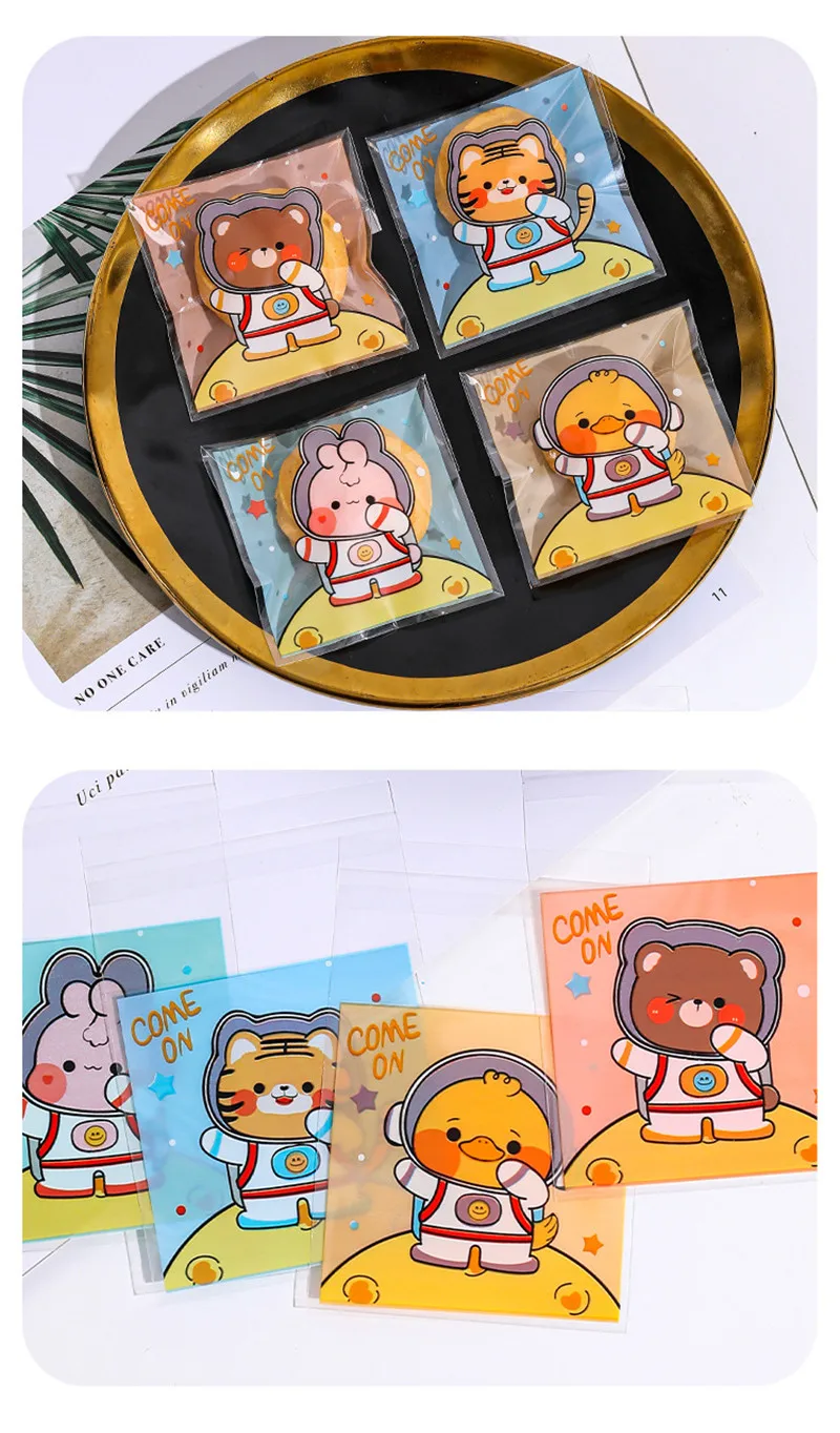 100 Stück 7x7cm/10x10cm Plastik Cartoon Selbstklebende Bäckerei-Verpackungsbeutel für Kekse Snacks Süßigkeiten Geburtstagsparty Geschenk – Detail 6