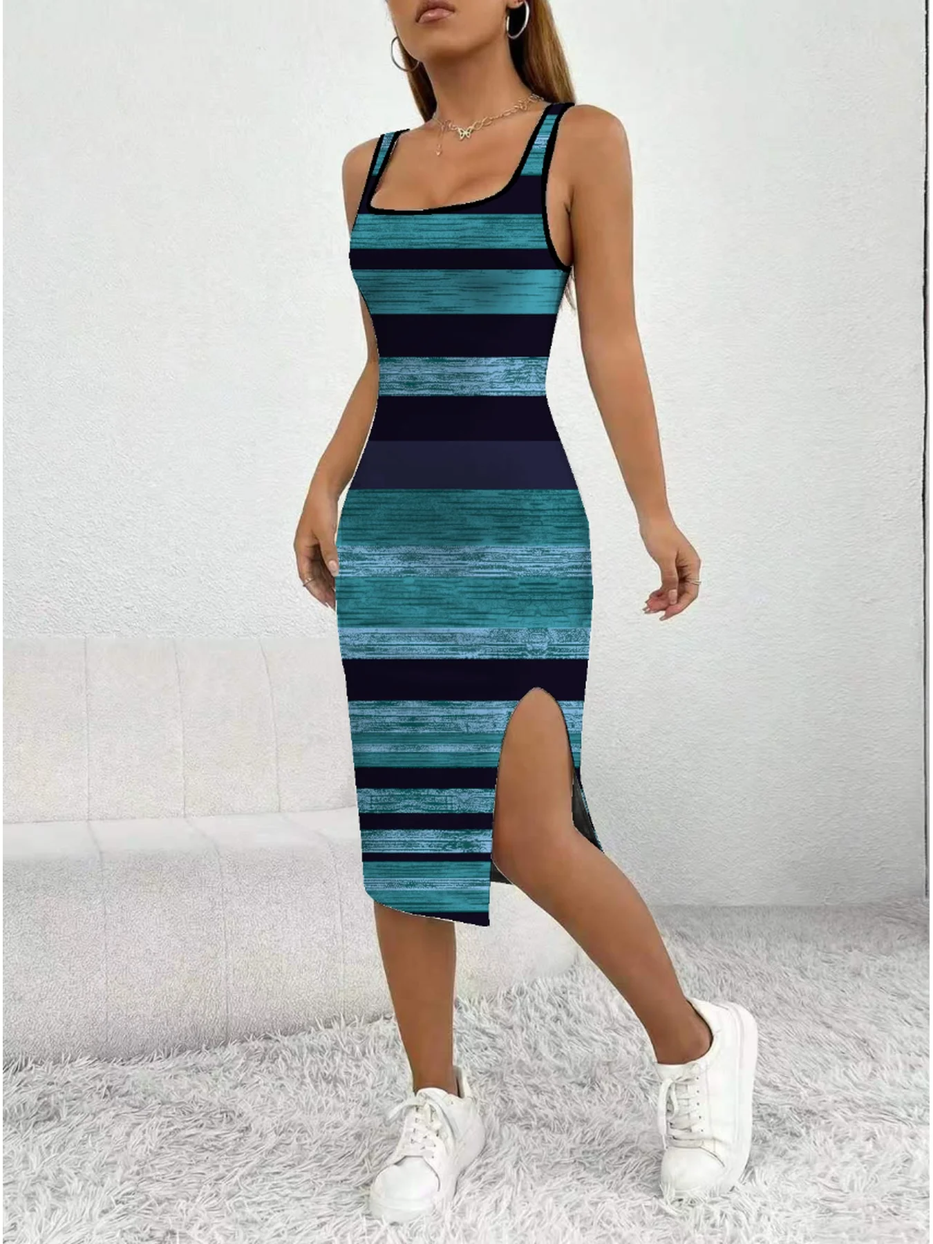 Damen Freizeitkleid mit eckigem Ausschnitt, ärmellos, Farbblock-Design, elegant, bequem, mittellang, mit Schlitz – Detail 5