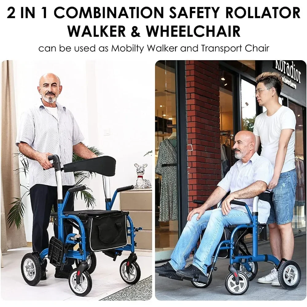 Rollateur 2 en 1 pour personnes âgées, trotteur médical avec siège, fauteuil roulant de transport pliant, grand arrière en PU de 10 po