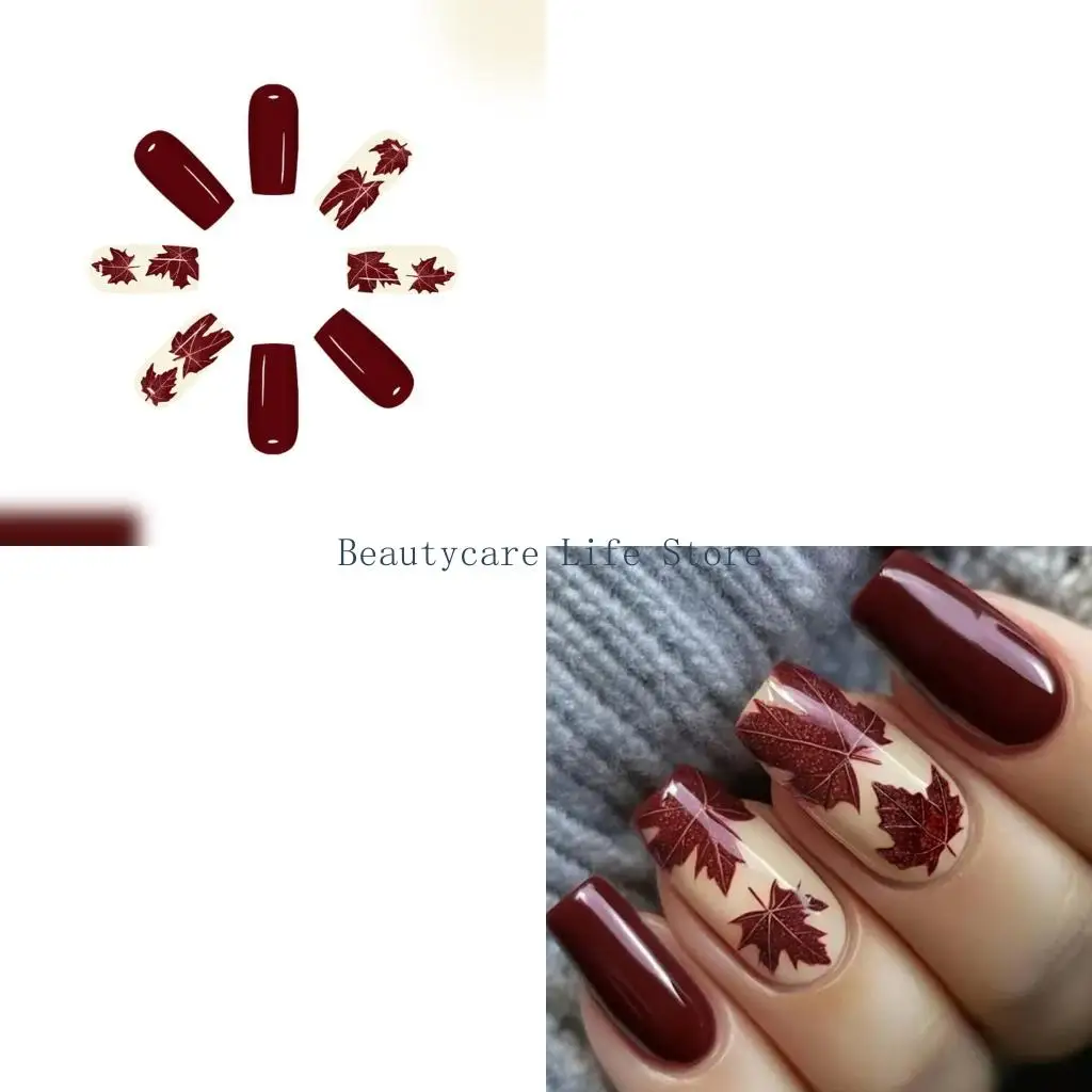 

652C 24Pcs Wine Red Maple Glossy Press On No Tools Needed Art for Autumn Winter Party