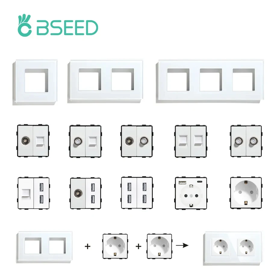 BSEED White Glass Panel With Internet Socket TV ST CAT5 RJ45 Function Parts Double USB Socket EU Wall Plug DIY Free Combination