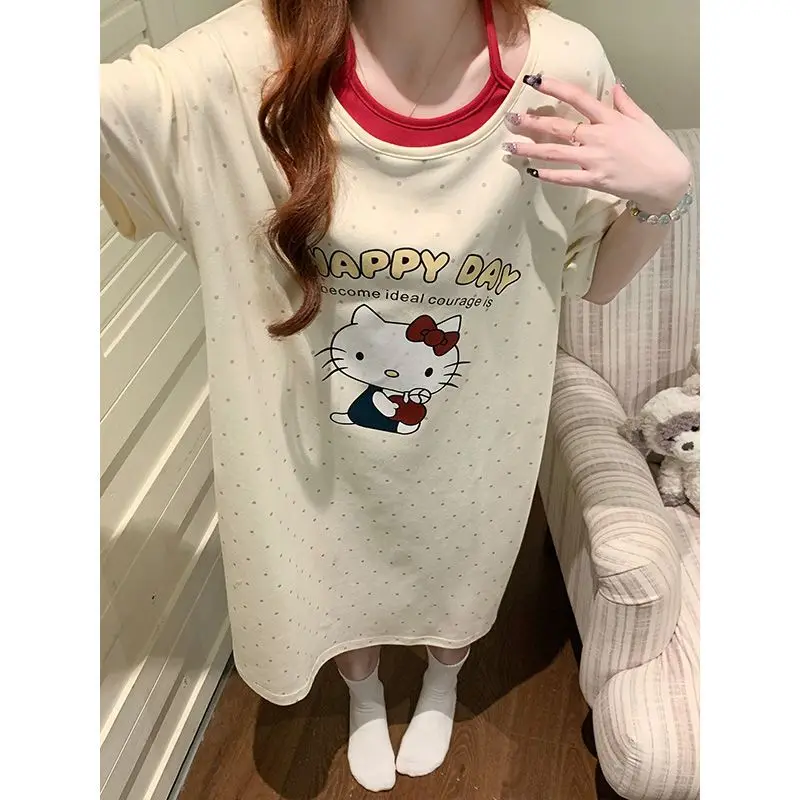 Sanrio Pajamas Dress Hello Kitty Cute Pijama Y2K Short Sleeve Long Dresses Sleepwear Long Skirts Nightdress Student Home Clothes