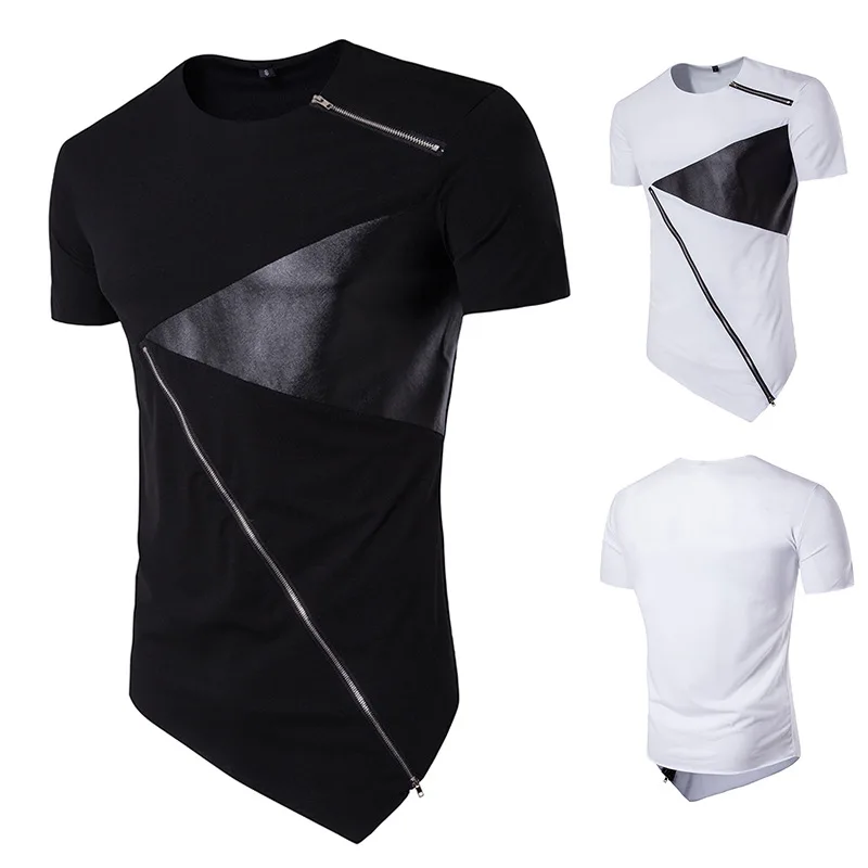 T Shirt Men 2018 Personality tailoring Long Patchwork Leather Zipper T-shirt Men Hiphop Short Sleeve Longline Casual Top Tee