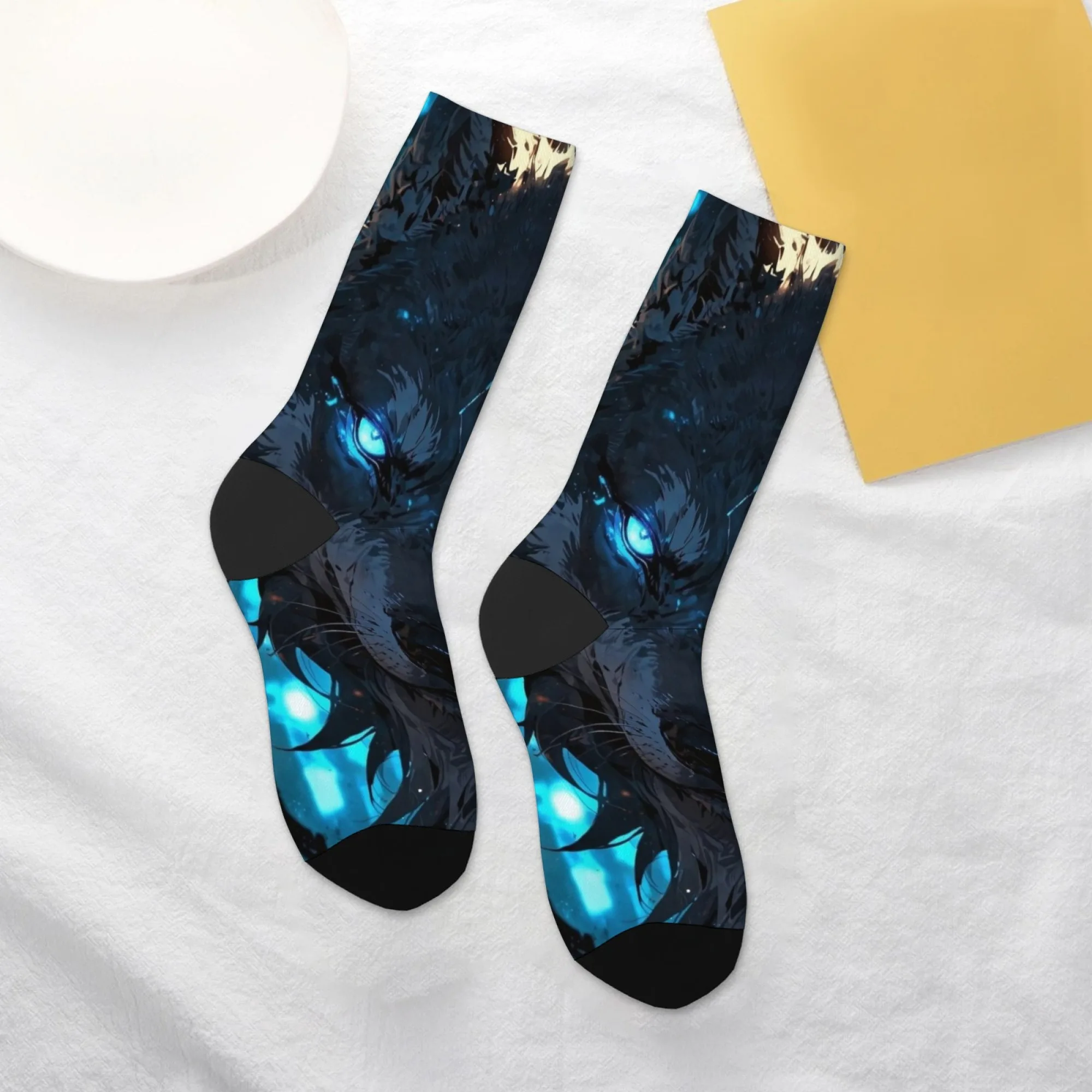 Dark Fantasy – chaussettes mi-mollet loup électrique, reflets tranchants, tissage de loup électrique bleu, cadeau pour tenue quotidienne et rassemblement de niches