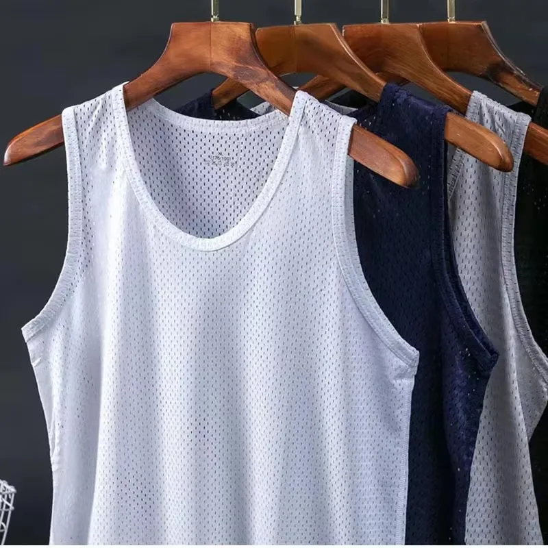 Summer Quick-Drying Thin Breathable Ice Silk Vest Men Tops Sport T Shirts Sleeveless Mesh Hole Tank Tops Gym Clothing Outer Wear