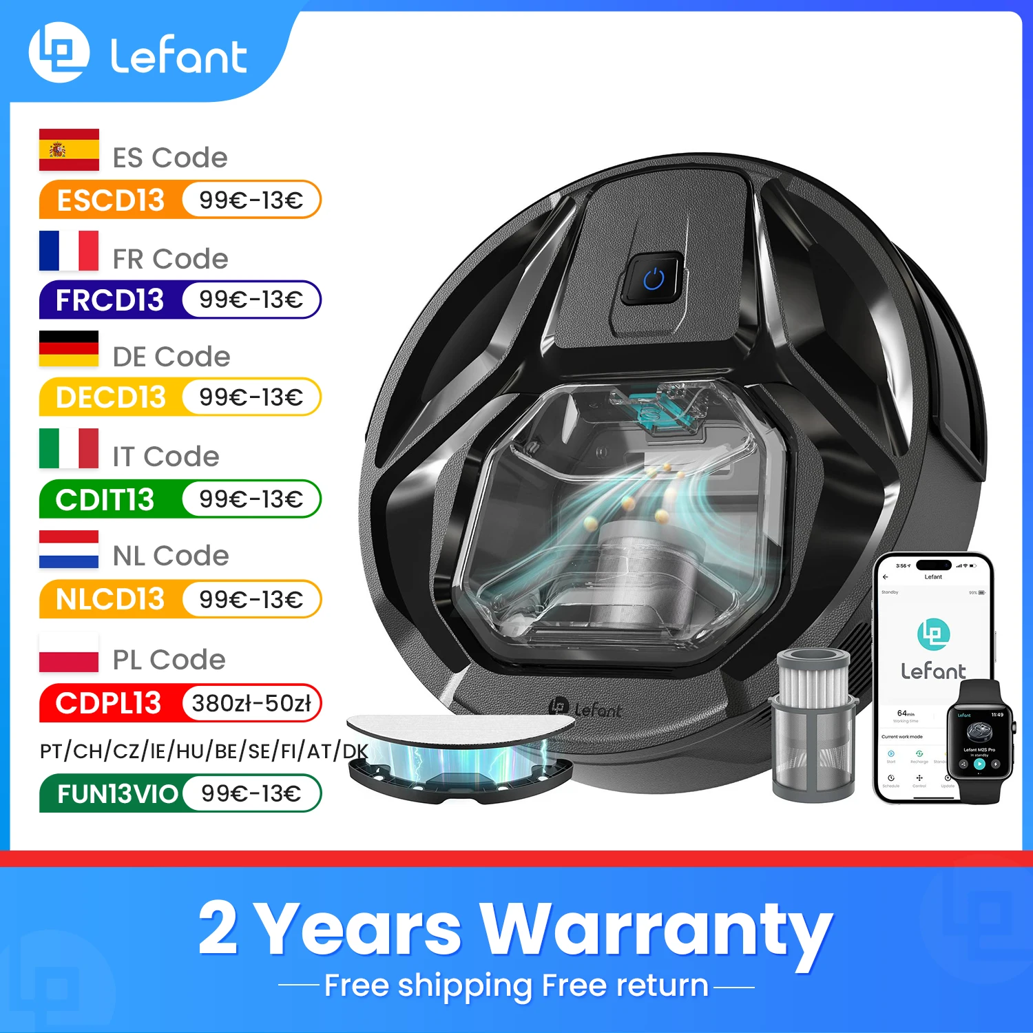 Lefant M320Aspirateur robot, puissance d'aspiration de 6000 Pa, robot de nettoyage intelligent avec système PSD d'évitement d'obstacles, idéal pour les poils d'animaux, les cheveux et les sols durs,