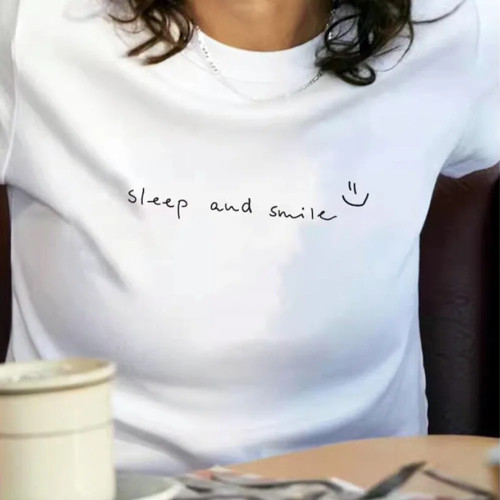 Sleep and Smile Letters Printed White Loose Cotton Tops Tees Women Summer Short Sleeve Casual Tshirt Crewneck Aesthetic T Shirt