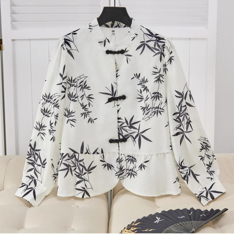 Chinese Style Long Sleeve Top Chiffon Women\'s Shirts Print With Buttons Clothes Spring Summer Stand Up Collar Fashion Blouse